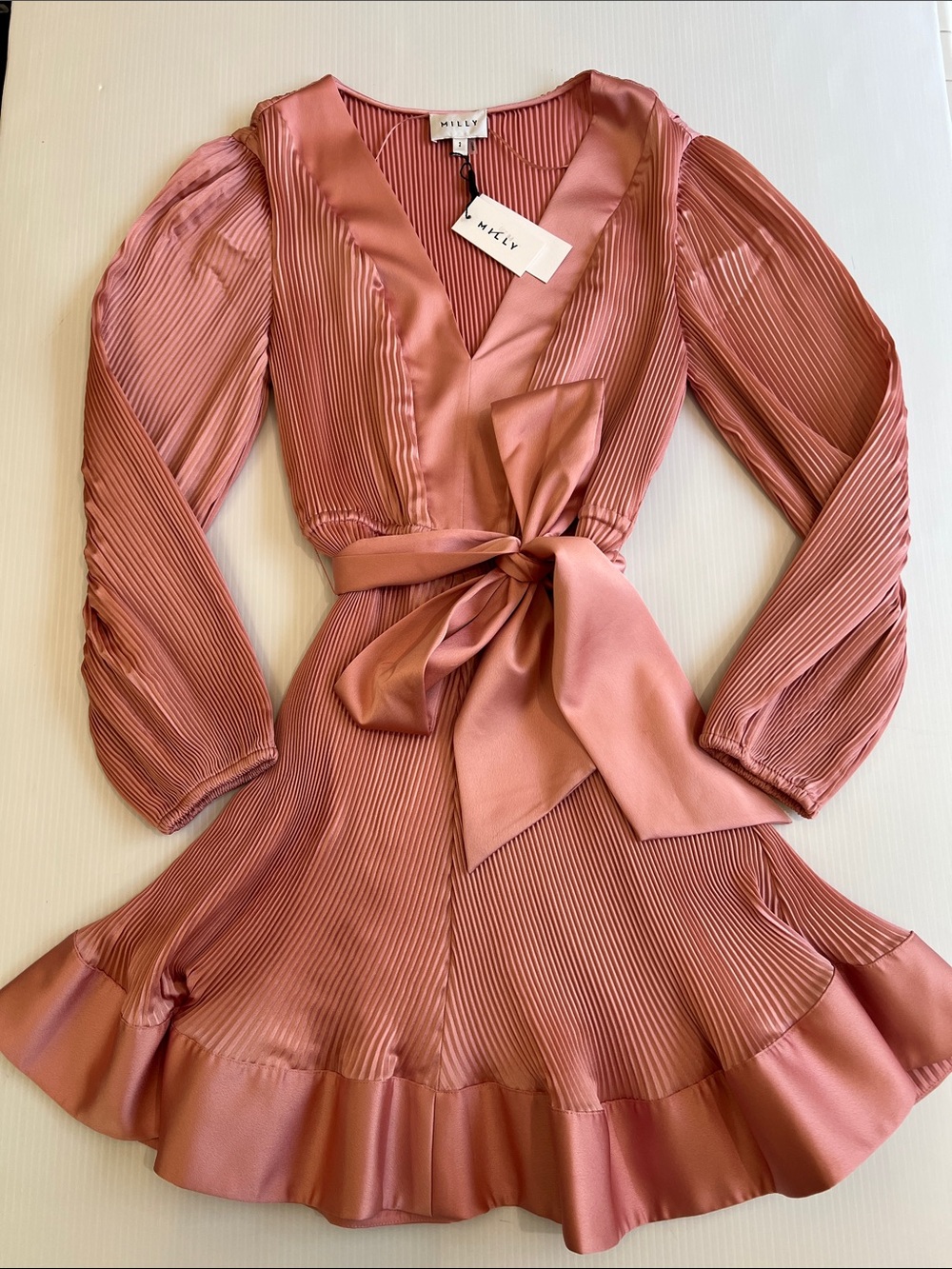 New Milly Women’s Rose Pleated Wrap Mini Dress with Waist Tie in Size Small